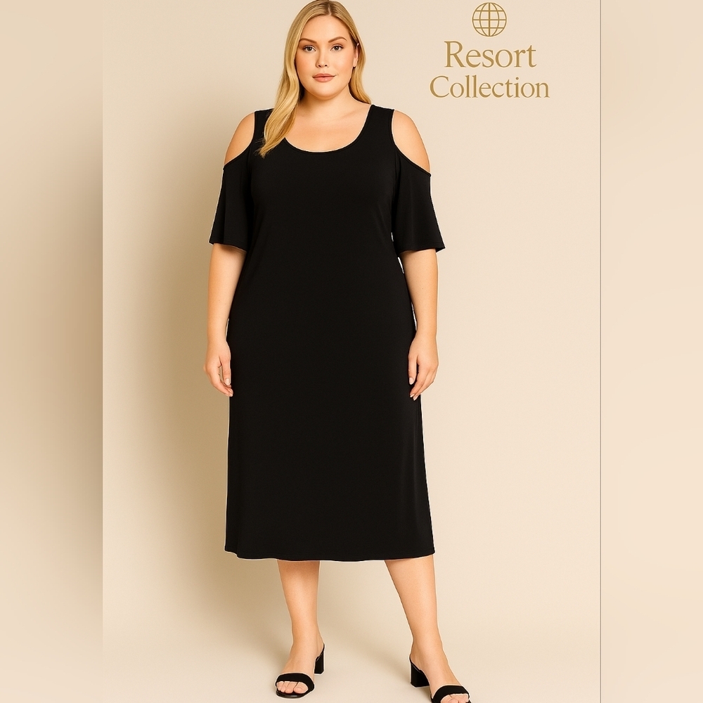 Chico’s Black Cold Shoulder Midi Dress Bell Sleeves Scoop Neck Size 3/16 Resort